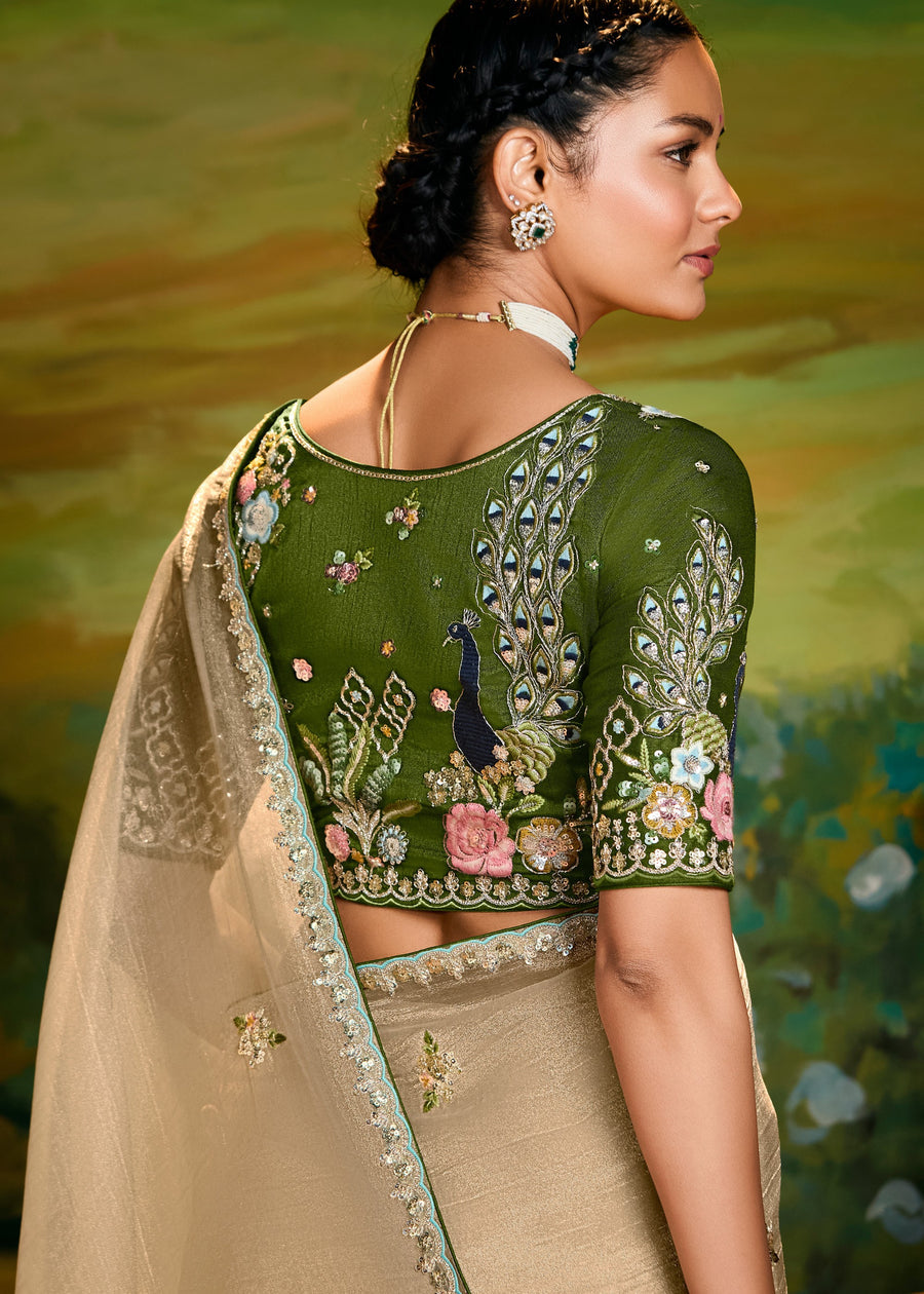 Crushed Satin Tissue Beige Embroidered Saree & Mehendi Green Blouse