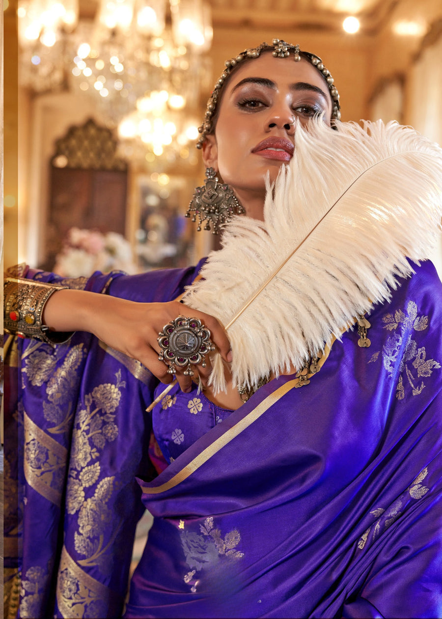 Pure Banarasi Satin Silk Violet Purple Handloom Saree