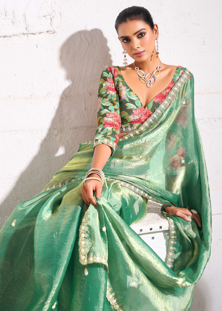 Crushed Tissue Sea Green Embroidered Saree & Printed Blouse