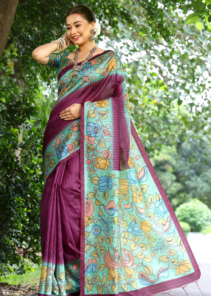 Wine Purple & Green Cotton Silk Kalamkari Saree