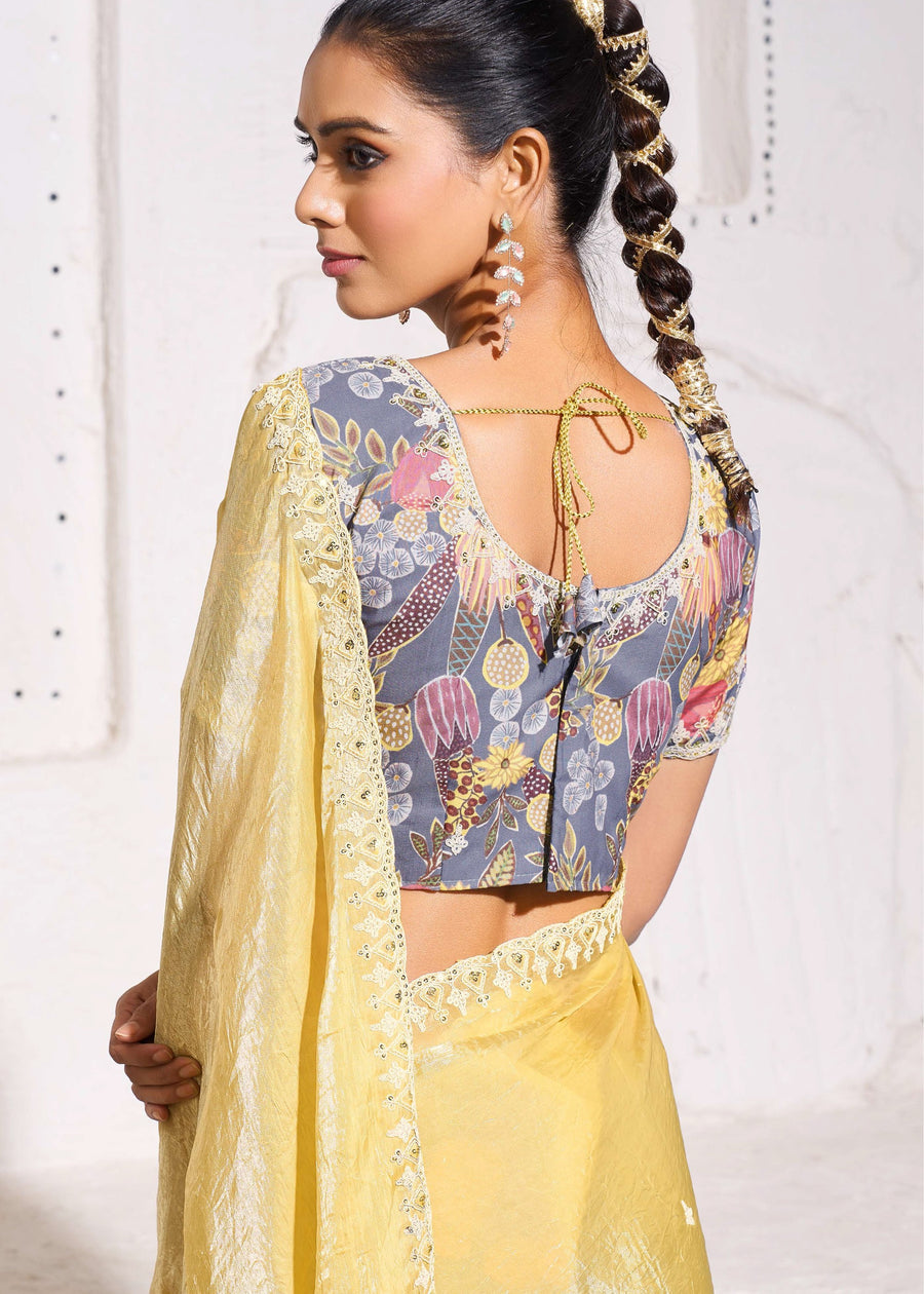 Crushed Tissue Yellow Embroidered Saree & Grey Printed Blouse