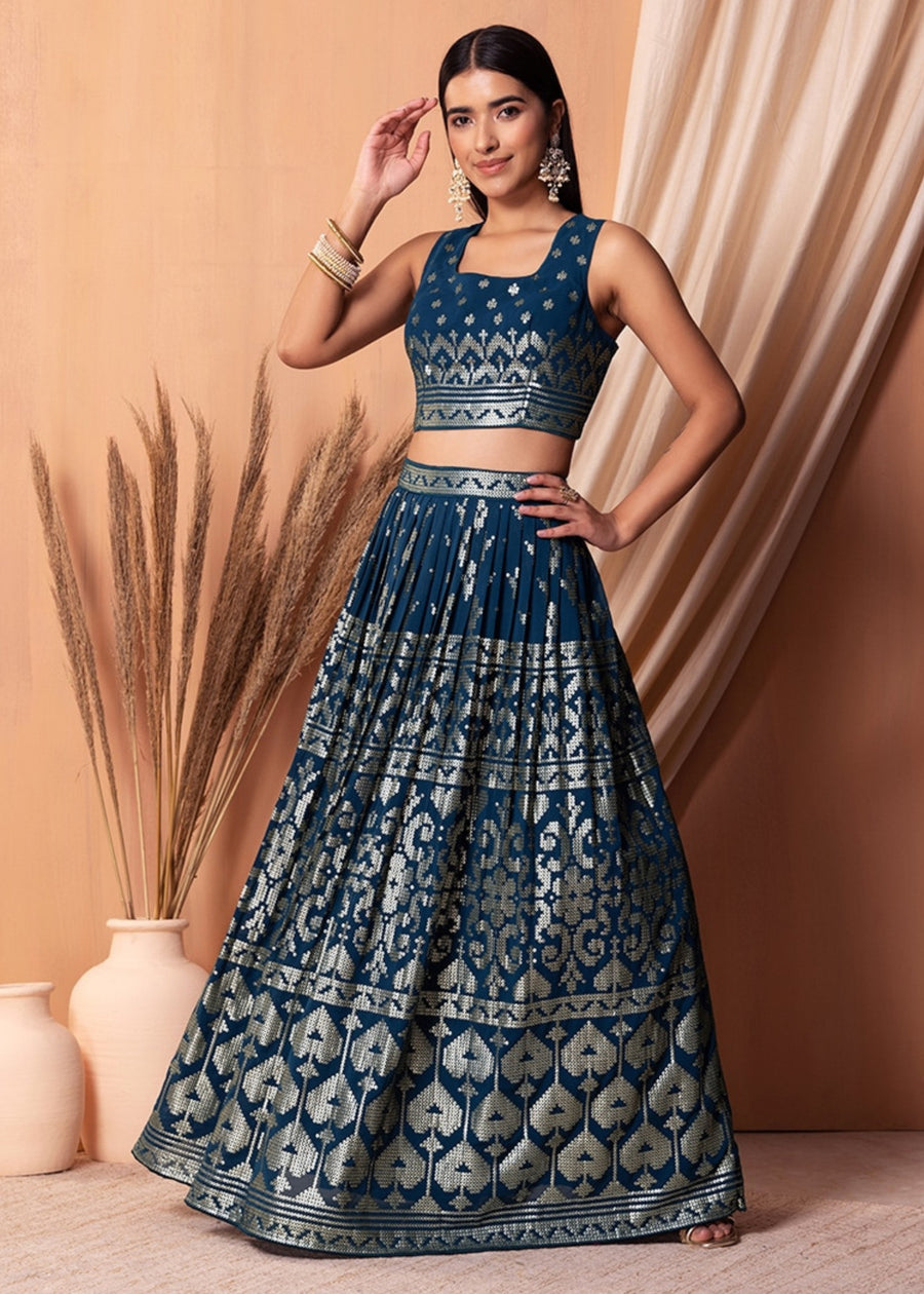 Navy Blue Sequins Work Georgette Bridesmaids Lehenga Choli
