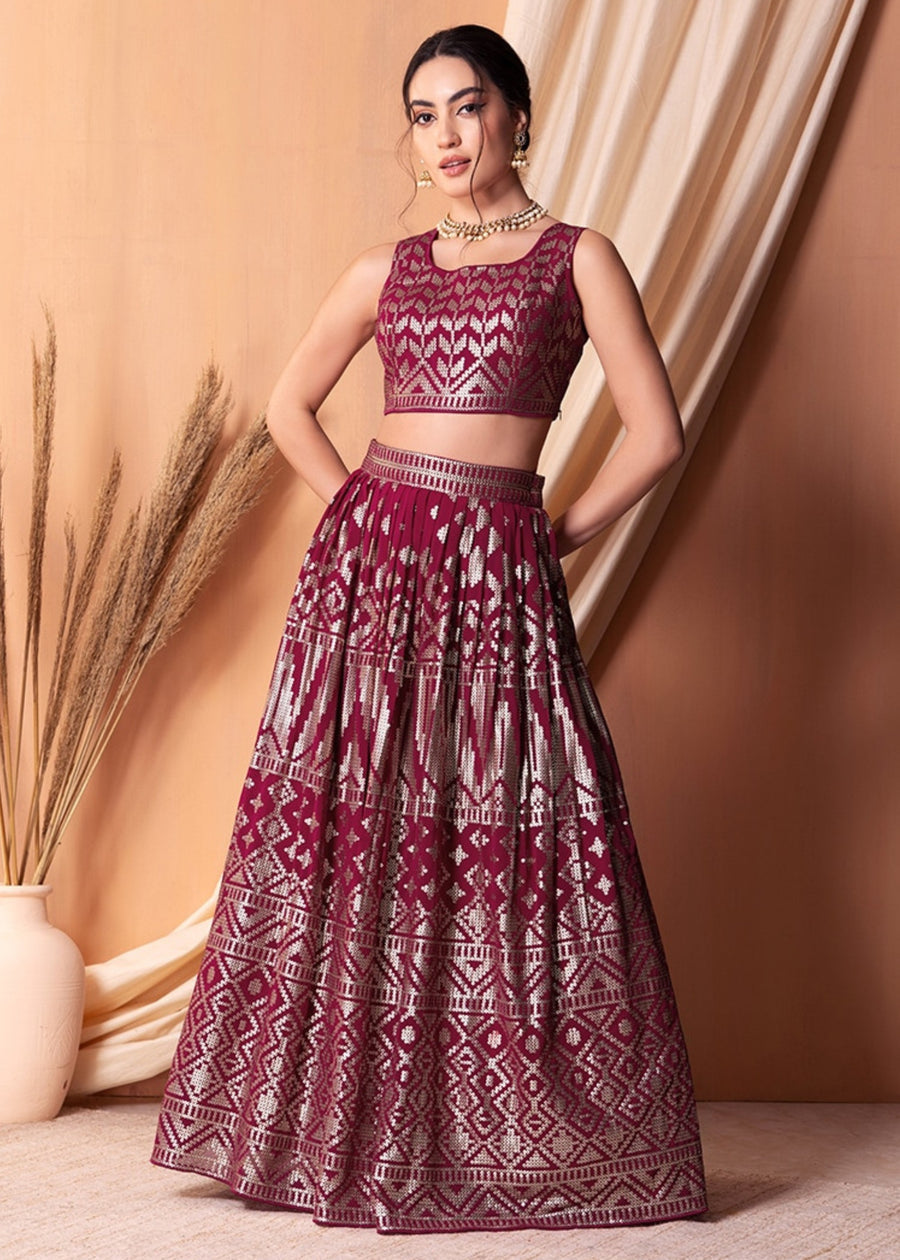Ruby Red Sequins Work Georgette Bridesmaids Lehenga Choli