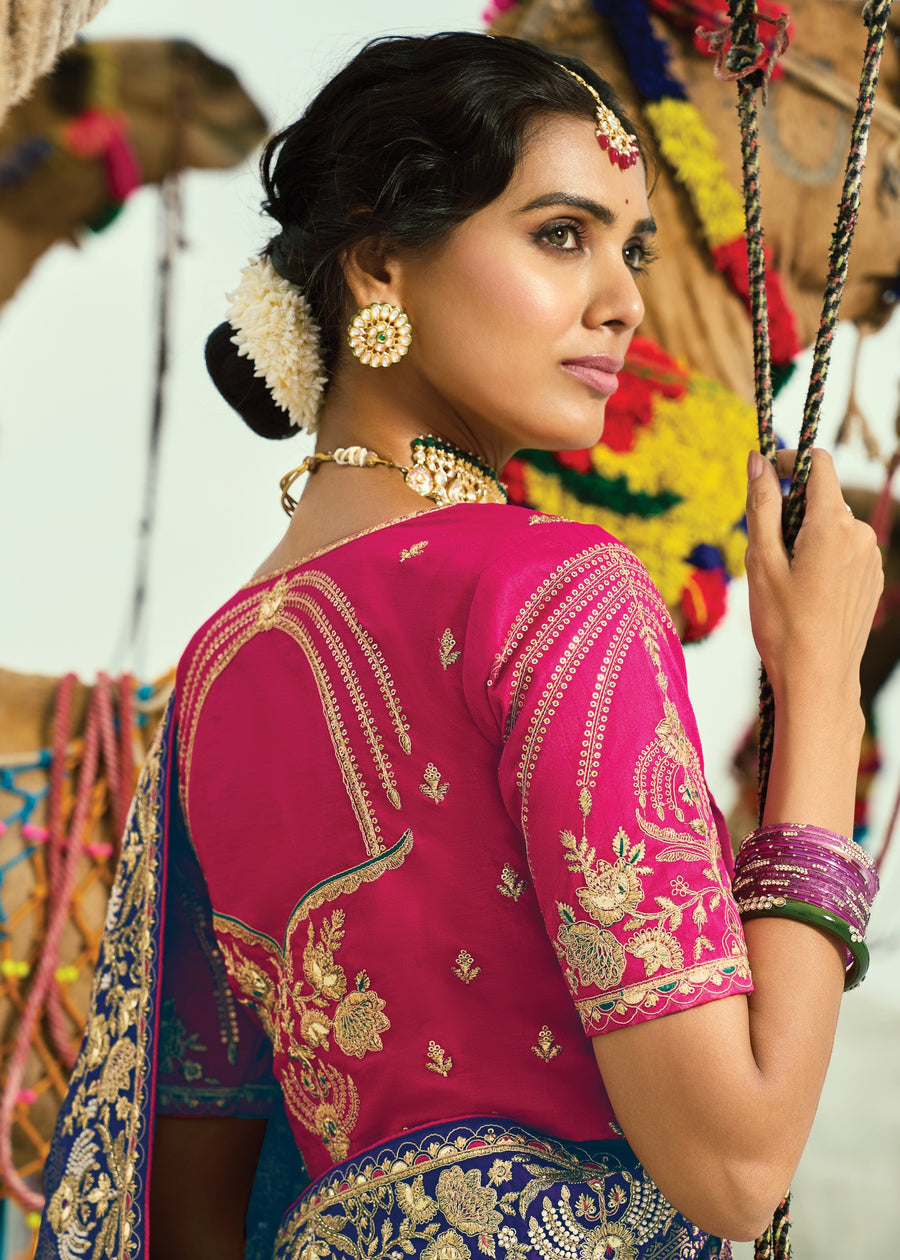 Orange Blue & Pink Multicolor Khaddi Georgette Embroidered Bandhani Saree