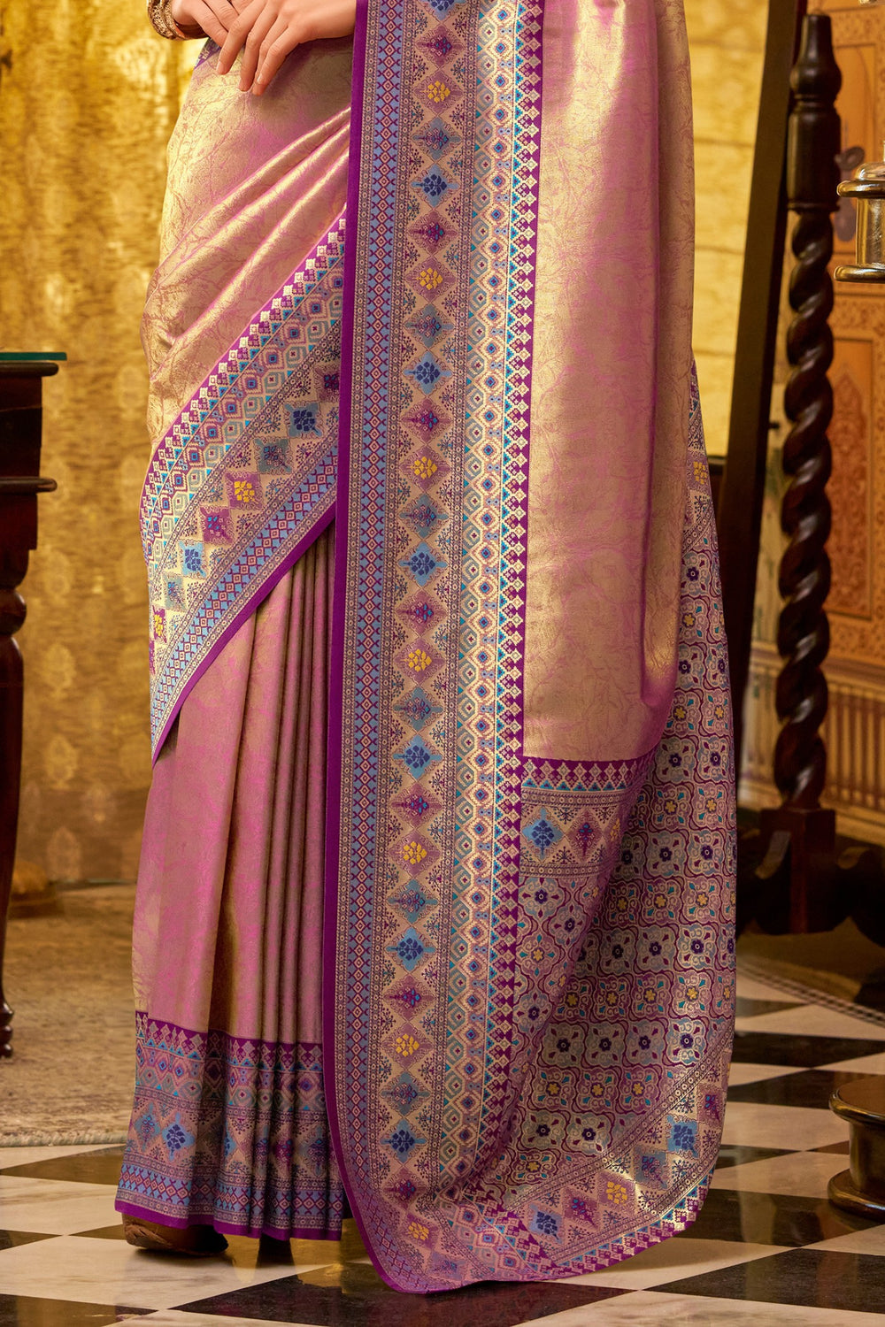 Pastel Pink Banarasi Tissue Silk Multicolor Weaving Border Saree
