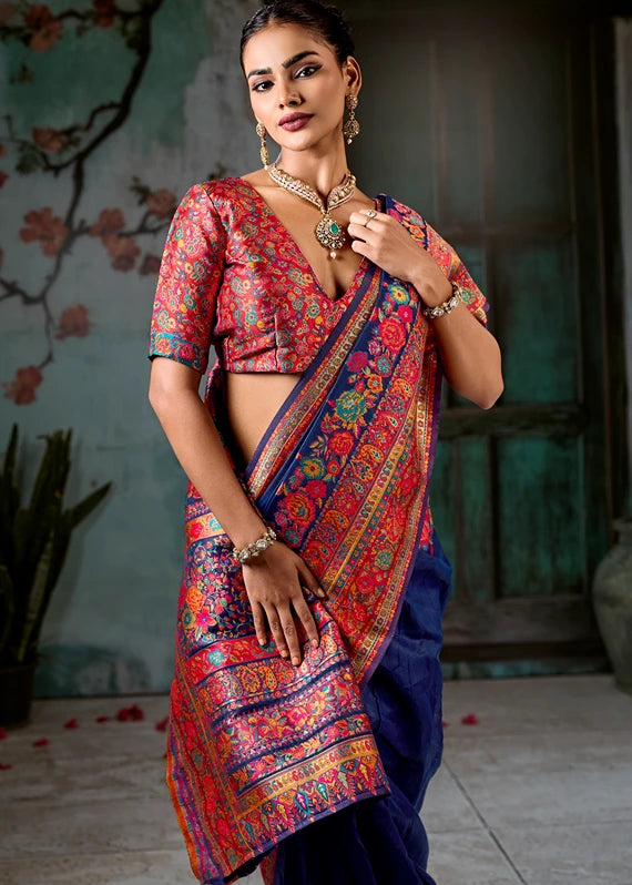 Pure Kashmiri Silk Royal Blue Saree