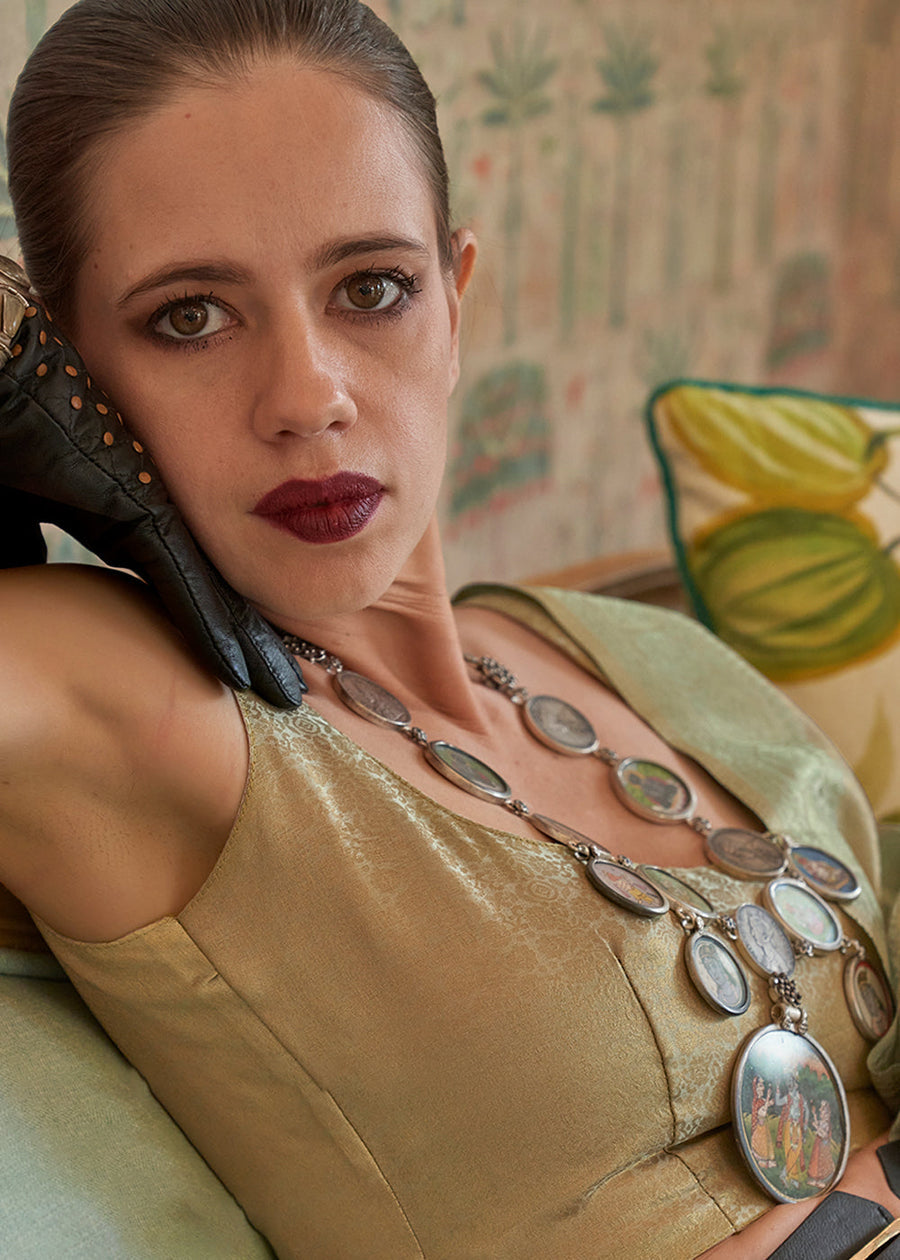 Kalki Koechlin Copper Brown and Green Banarasi Tissue Silk Handloom Saree