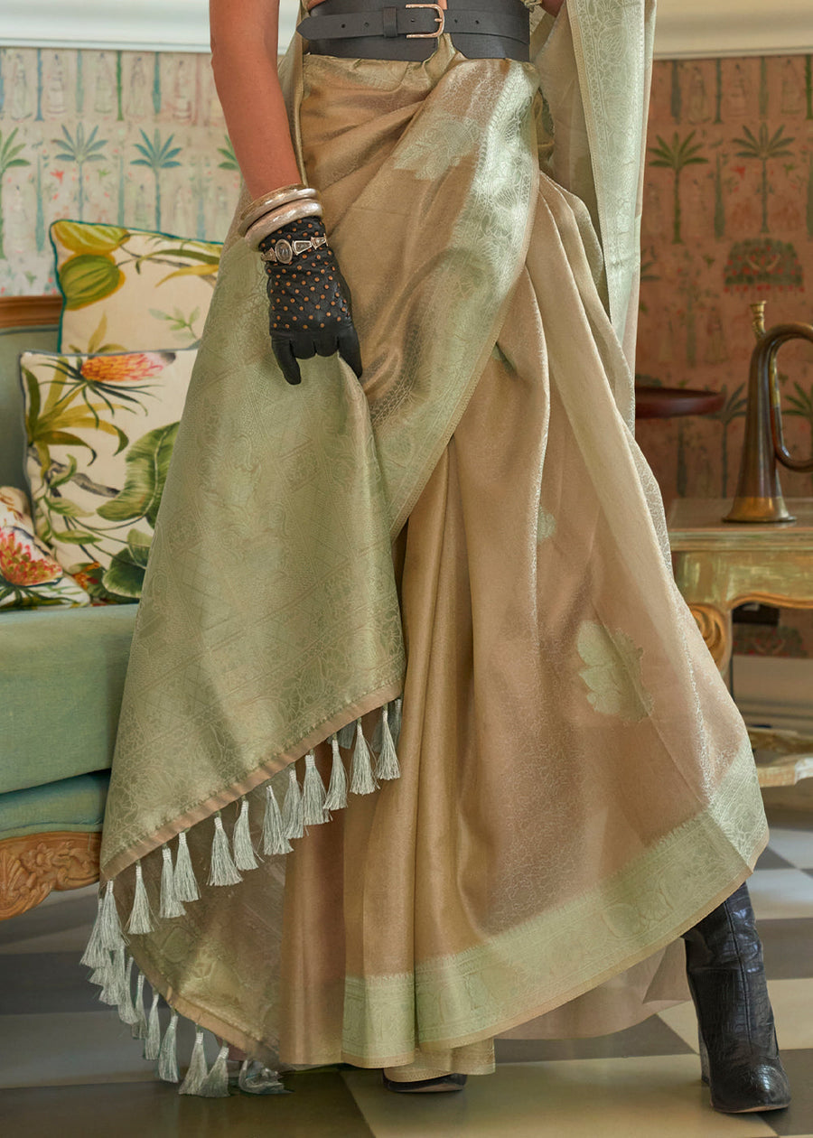 Kalki Koechlin Copper Brown and Green Banarasi Tissue Silk Handloom Saree