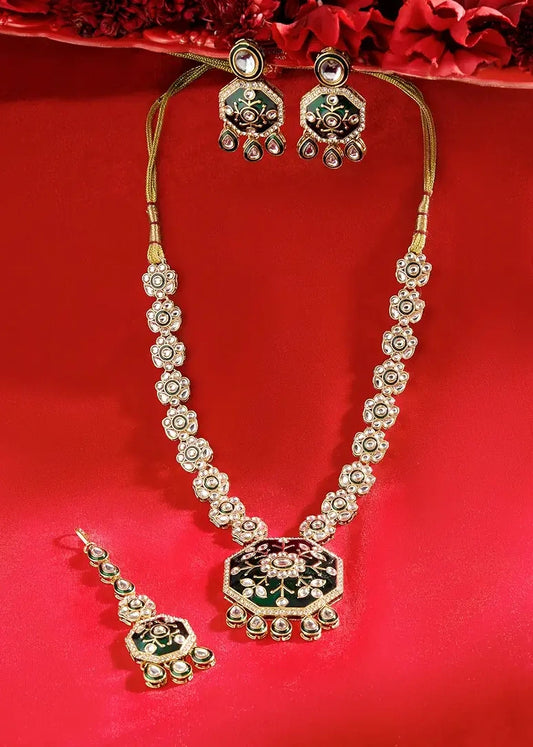 Kundan Bridal Jewellery Long Necklace Set With Earrings & Maang Tikka