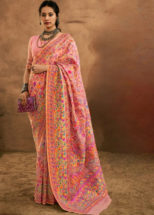 Pastel Pink Pure Handloom Kashmiri Silk Saree