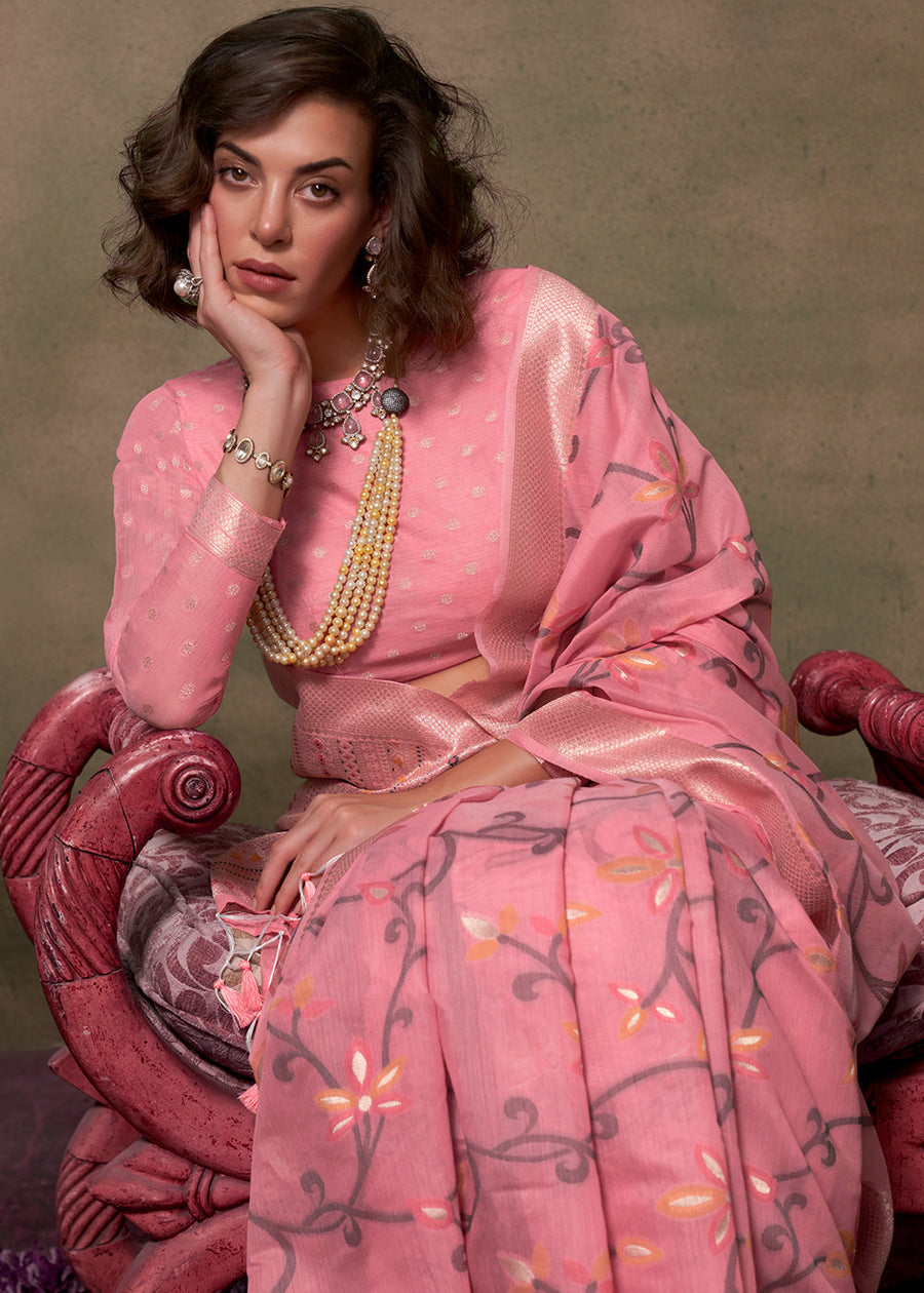 Rose Pink Banarasi Cotton Silk Zari Work Handloom Saree