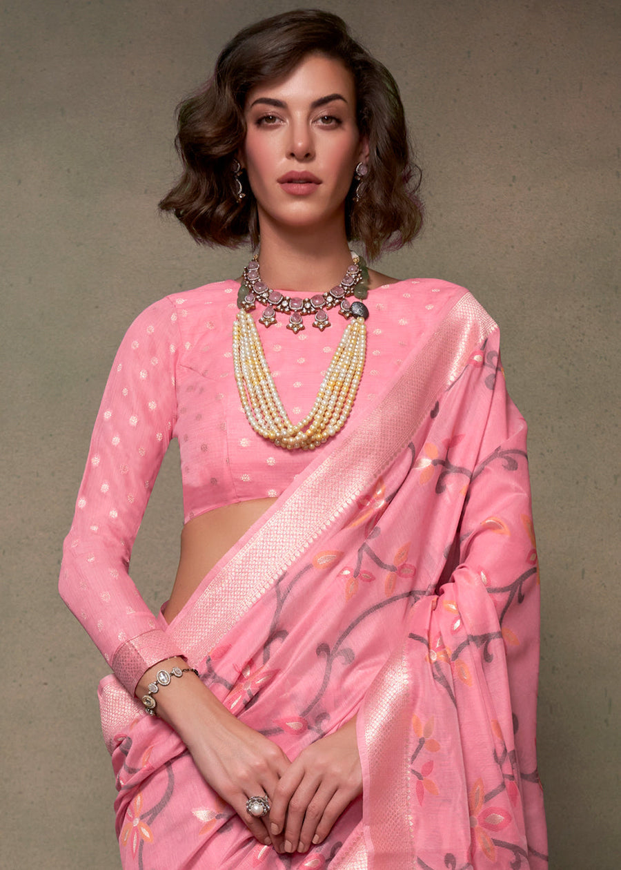 Rose Pink Banarasi Cotton Silk Zari Work Handloom Saree