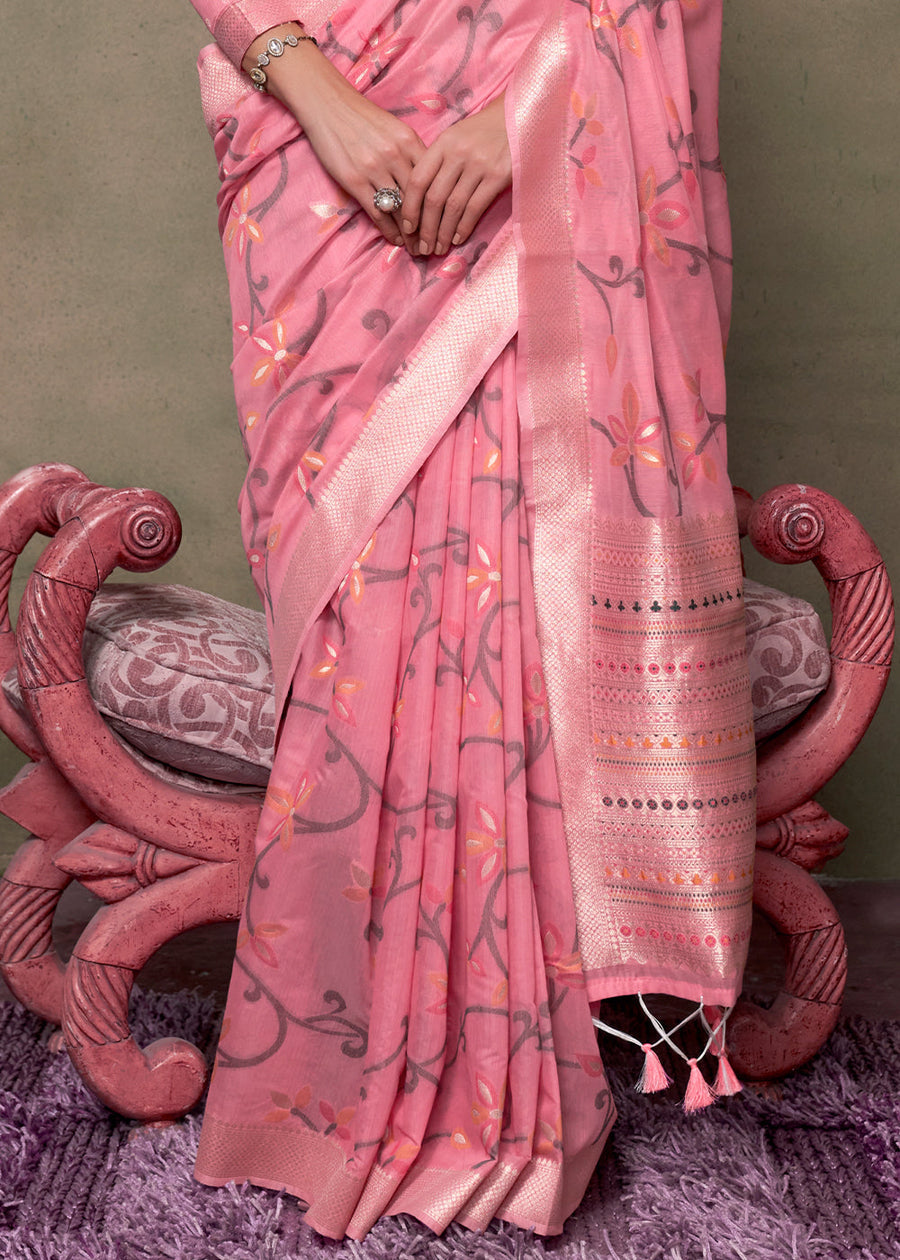 Rose Pink Banarasi Cotton Silk Zari Work Handloom Saree