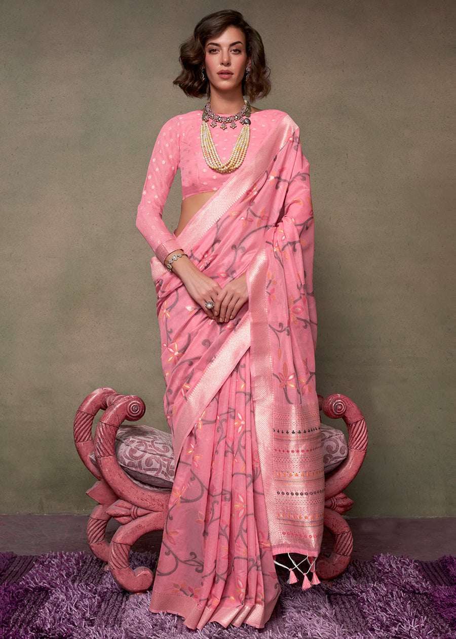 Rose Pink Banarasi Cotton Silk Zari Work Handloom Saree