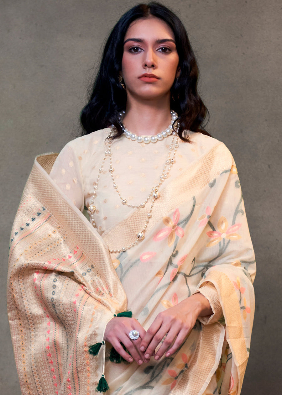 Off White Banarasi Cotton Silk Zari Work Handloom Saree