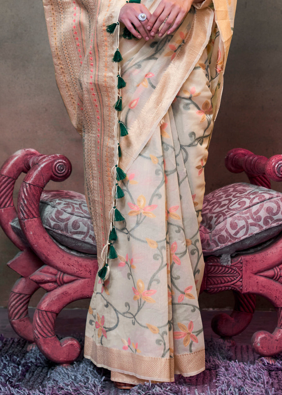 Off White Banarasi Cotton Silk Zari Work Handloom Saree