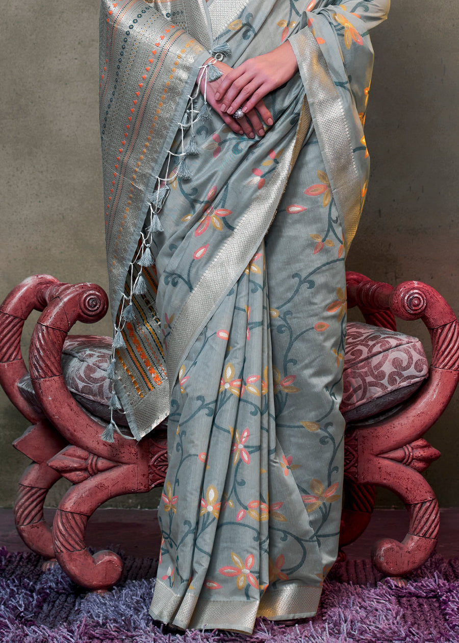 Grey Banarasi Cotton Silk Zari Work Handloom Saree