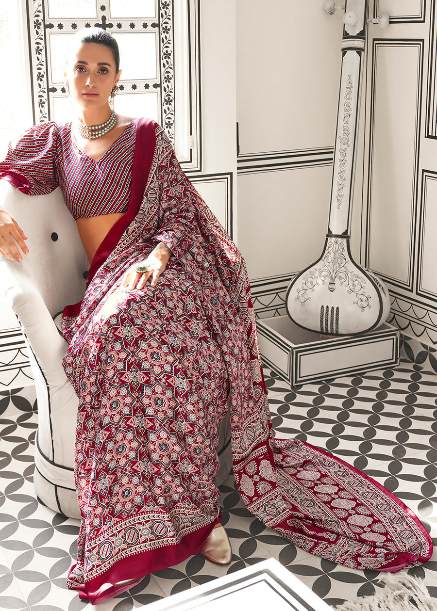 Ajrakh Handblock Print Satin Crepe Silk Maroon Red Saree