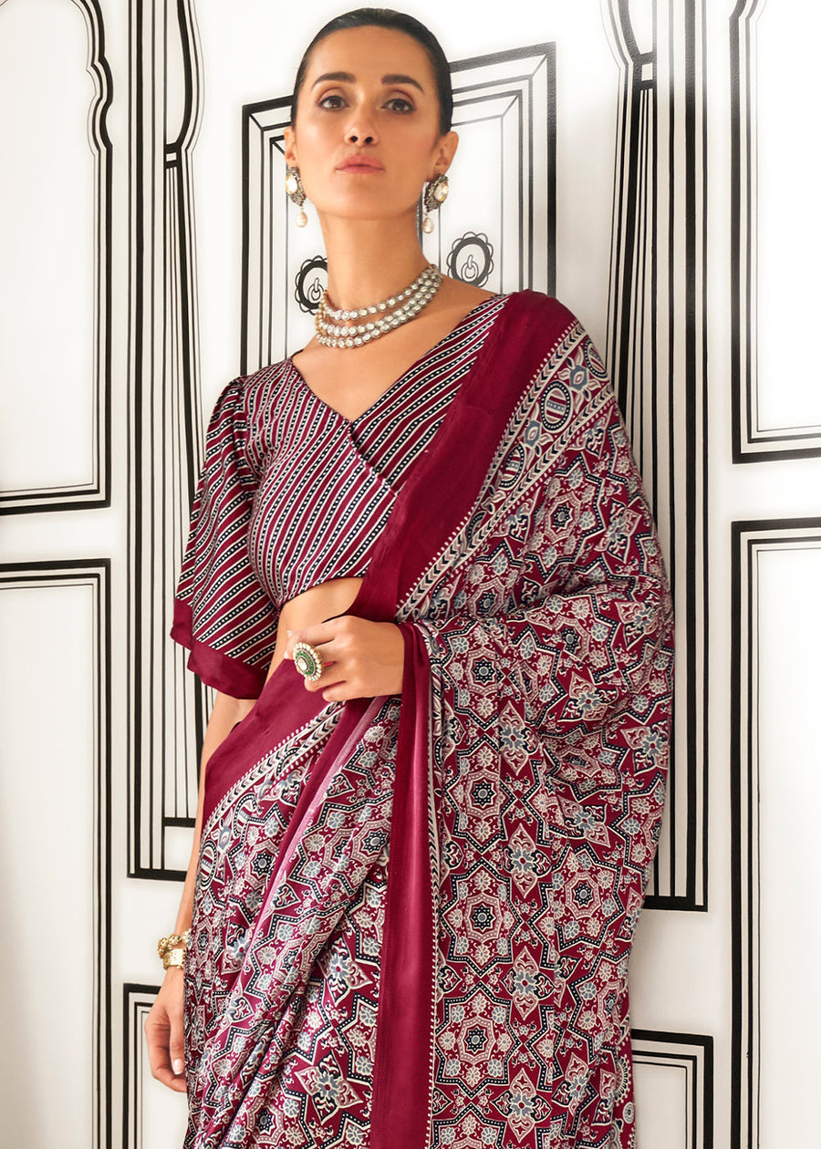 Ajrakh Handblock Print Satin Crepe Silk Maroon Red Saree