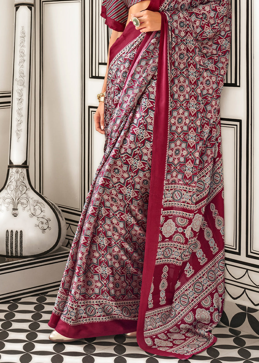 Ajrakh Handblock Print Satin Crepe Silk Maroon Red Saree