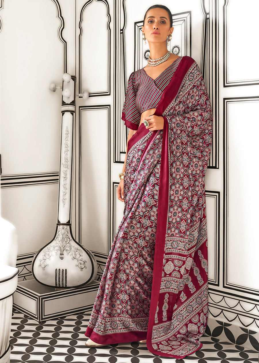 Ajrakh Handblock Print Satin Crepe Silk Maroon Red Saree