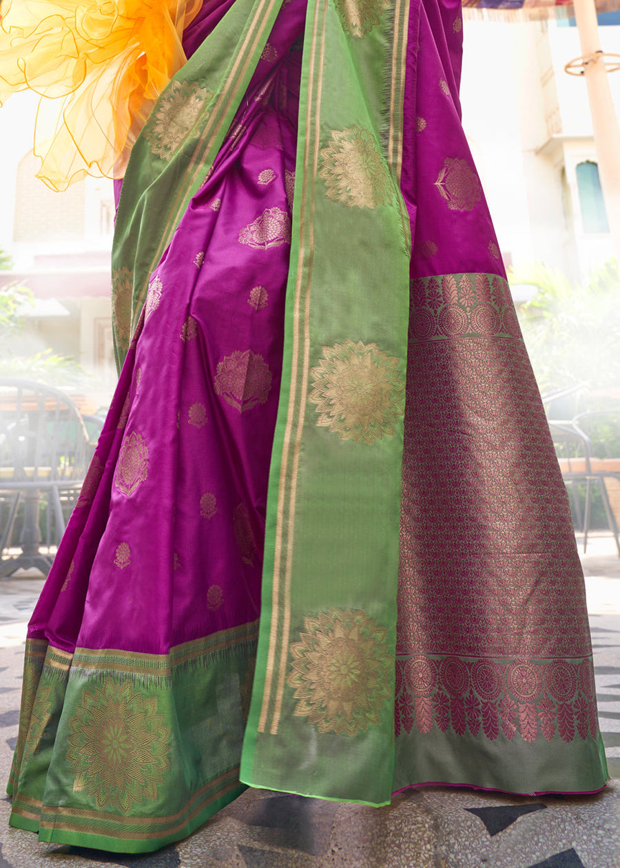 Magenta Pink & Light Green Soft Banarasi Silk Saree