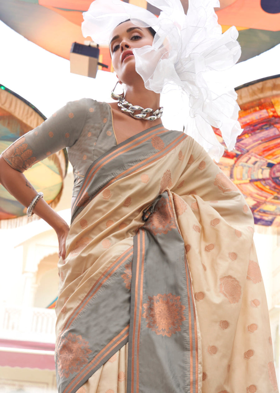Cream & Grey Soft Banarasi Silk Saree