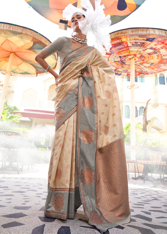 Cream & Grey Soft Banarasi Silk Saree