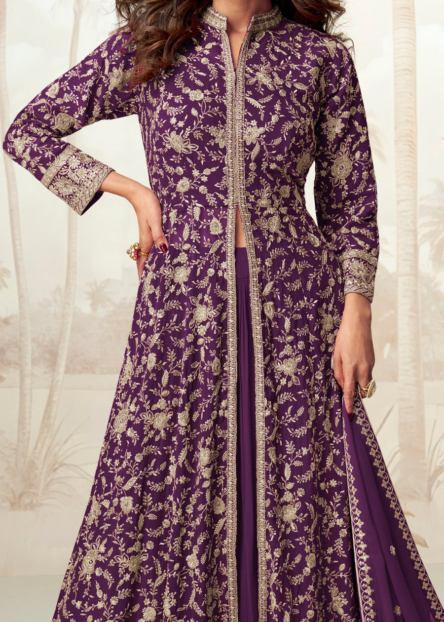 Violet Purple Readymade Jacket Style Anarkali Georgette Suit Set