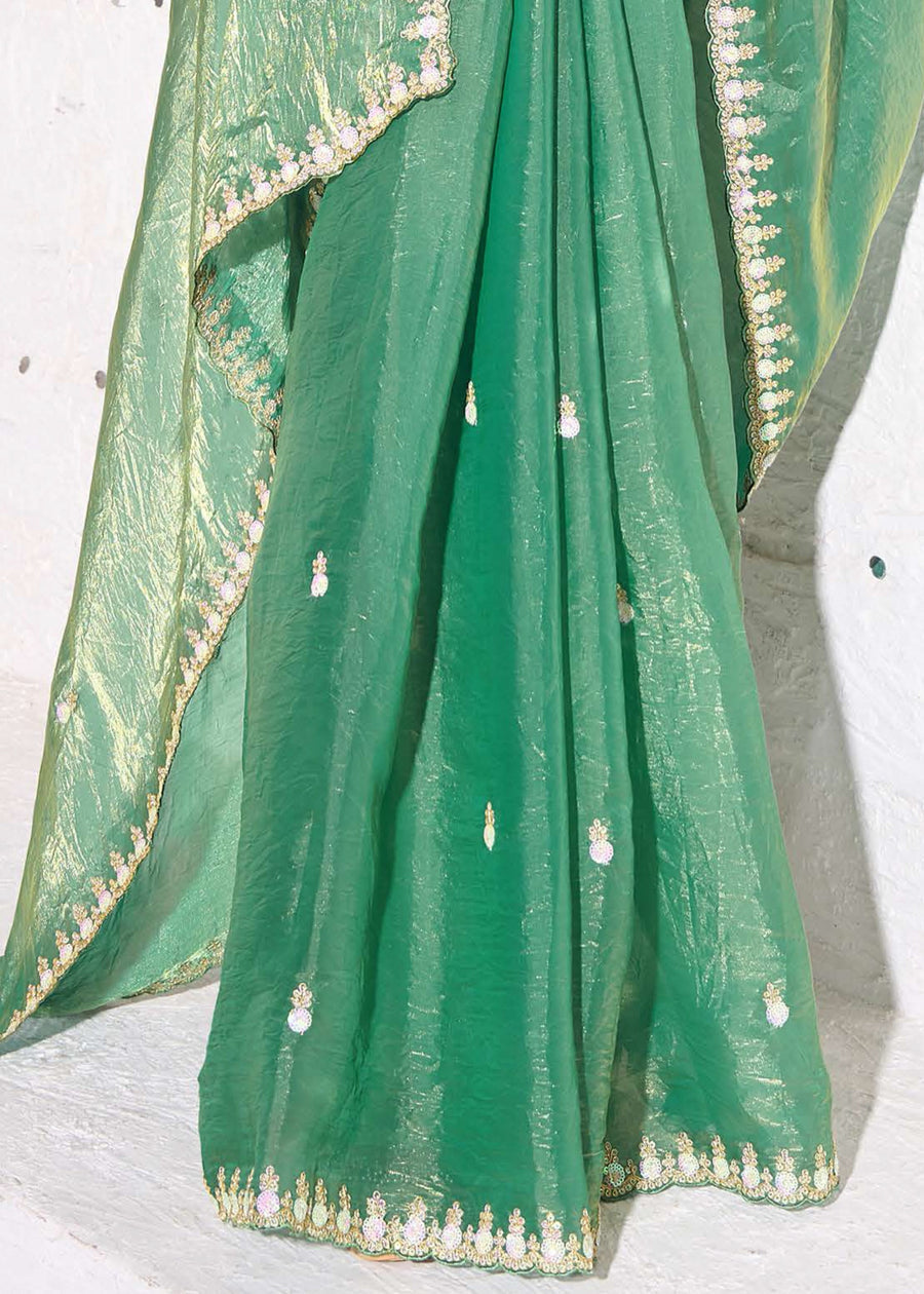 Crushed Tissue Sea Green Embroidered Saree & Printed Blouse
