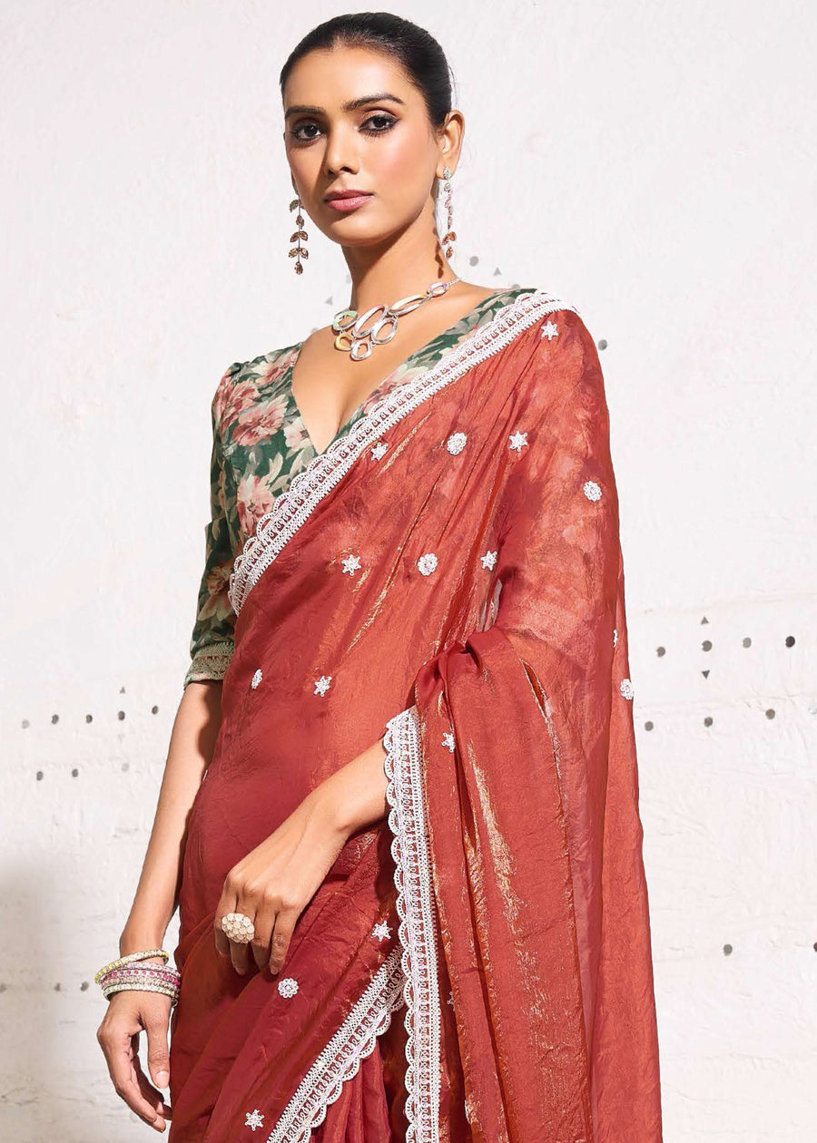 Crushed Tissue Rust Brown Embroidered Saree & Green Printed Blouse
