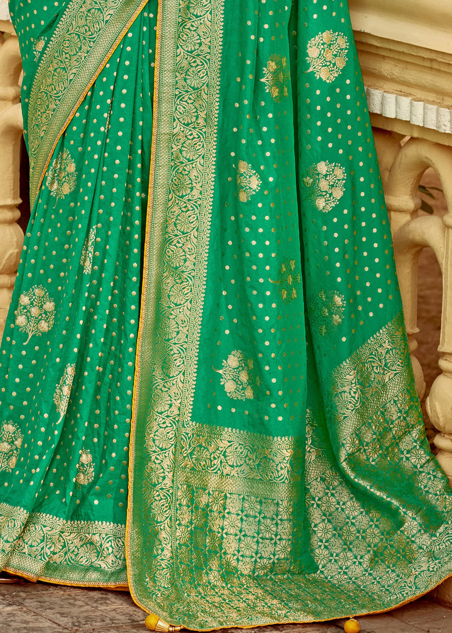 Dola Banarasi Silk Emerald Green Saree With Contrast Yellow Embroidered Blouse