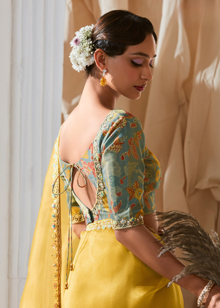 Yellow Organza Tissue Silk Embroidered Saree & Blue Printed Blouse