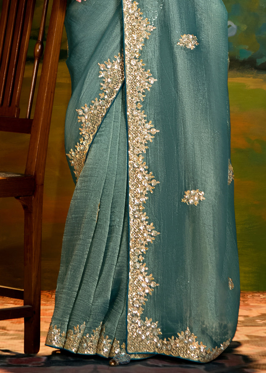 Crushed Satin Tissue Blue Embroidered Saree & Teal Blouse