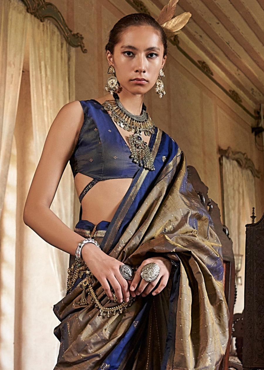Pure Banarasi Tussar Silk Copper Grey & Royal Blue Handloom Saree