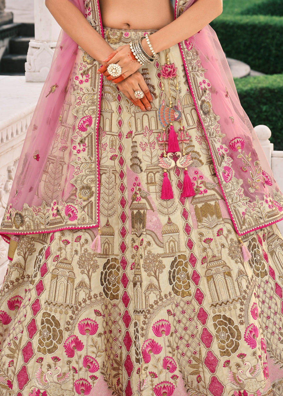 Cream & Pink Embroidered Silk Lehenga Choli