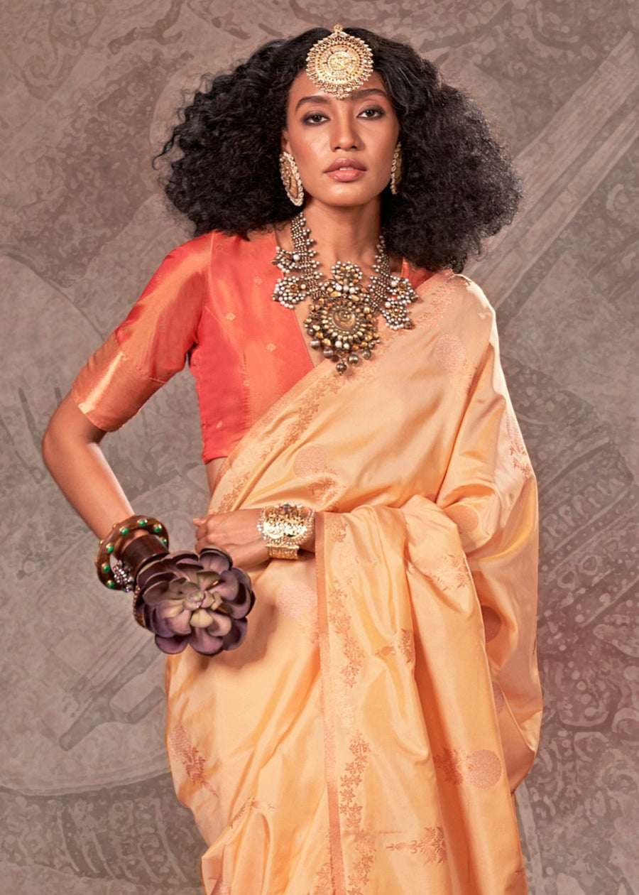 Soft Handloom Banarasi Silk Cream Saree With Contrast Orange Blouse