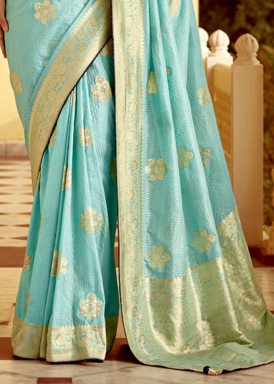 Dola Banarasi Silk Sky Blue Saree With Contrast Navy Embroidered Blouse