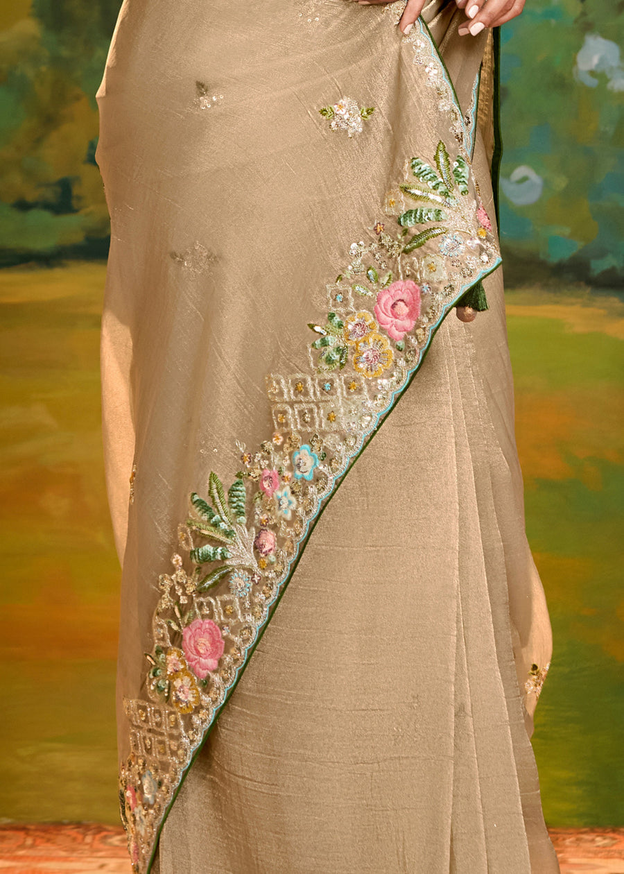Crushed Satin Tissue Beige Embroidered Saree & Mehendi Green Blouse