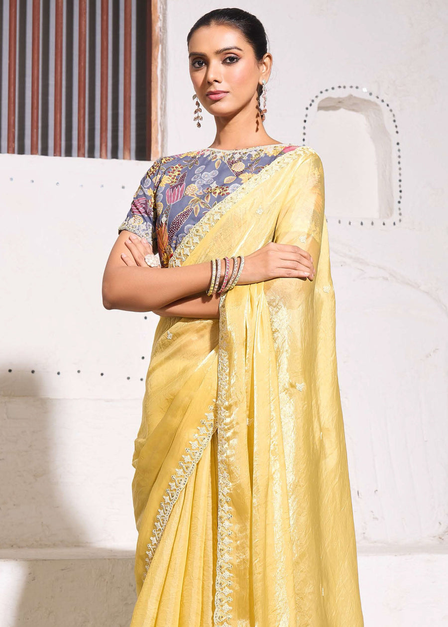 Crushed Tissue Yellow Embroidered Saree & Grey Printed Blouse