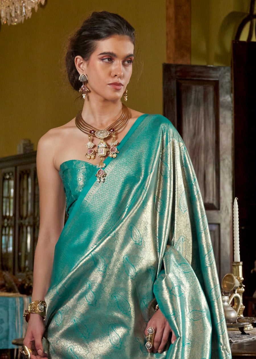 Greenish Blue Zari Work Handloom Weaving Kanjivaram Silk Saree