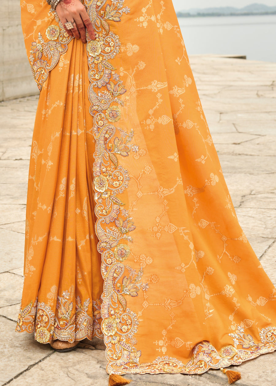 Banarasi Viscose Tissue Silk Turmeric Yellow Handloom Embroidered Saree With Cut Work Border