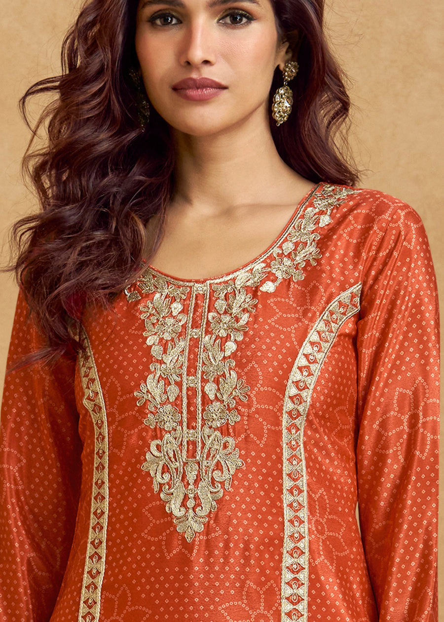 Designer Readymade Orange Chinon Silk Palazzo Suit Set
