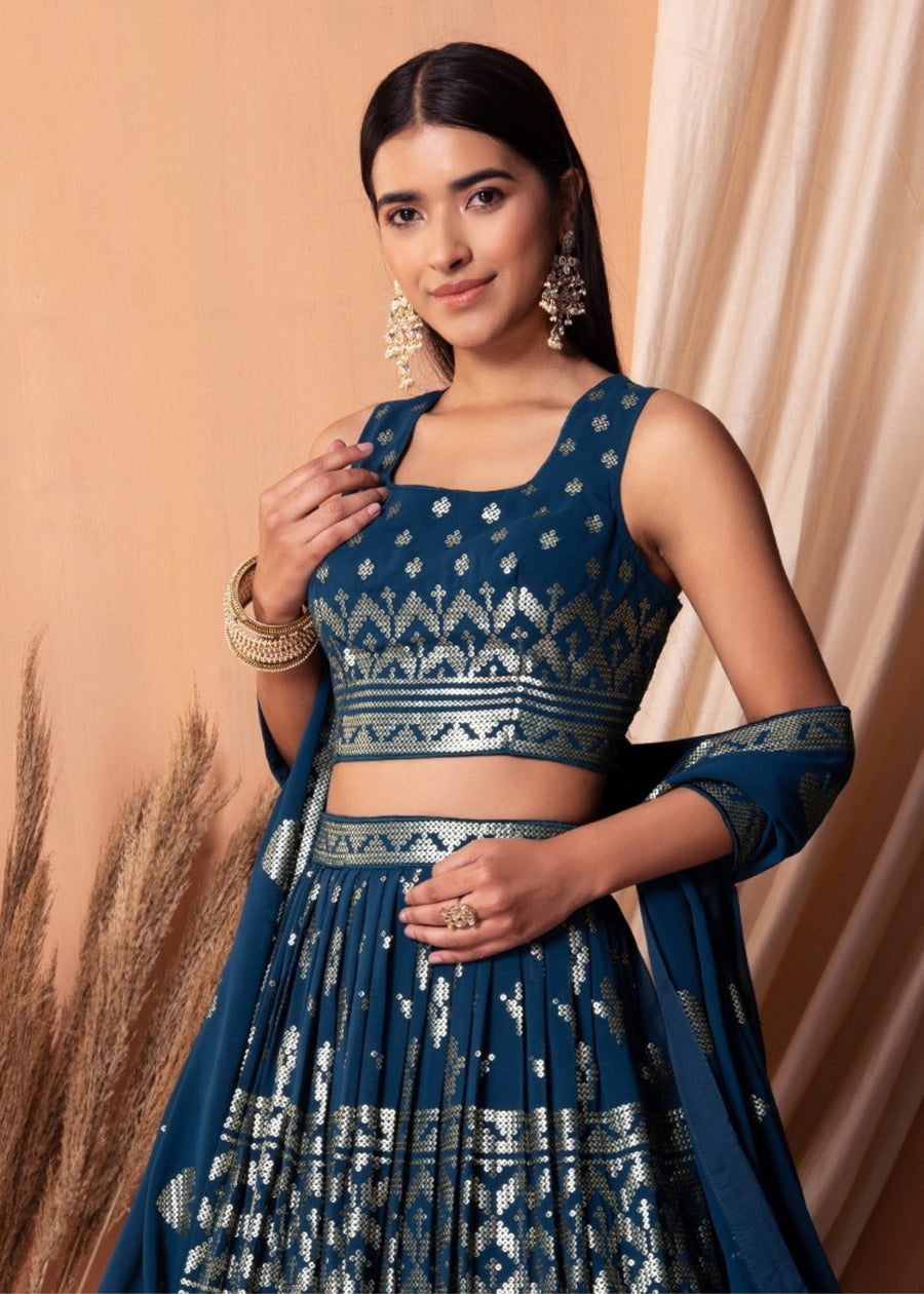 Navy Blue Sequins Work Georgette Bridesmaids Lehenga Choli