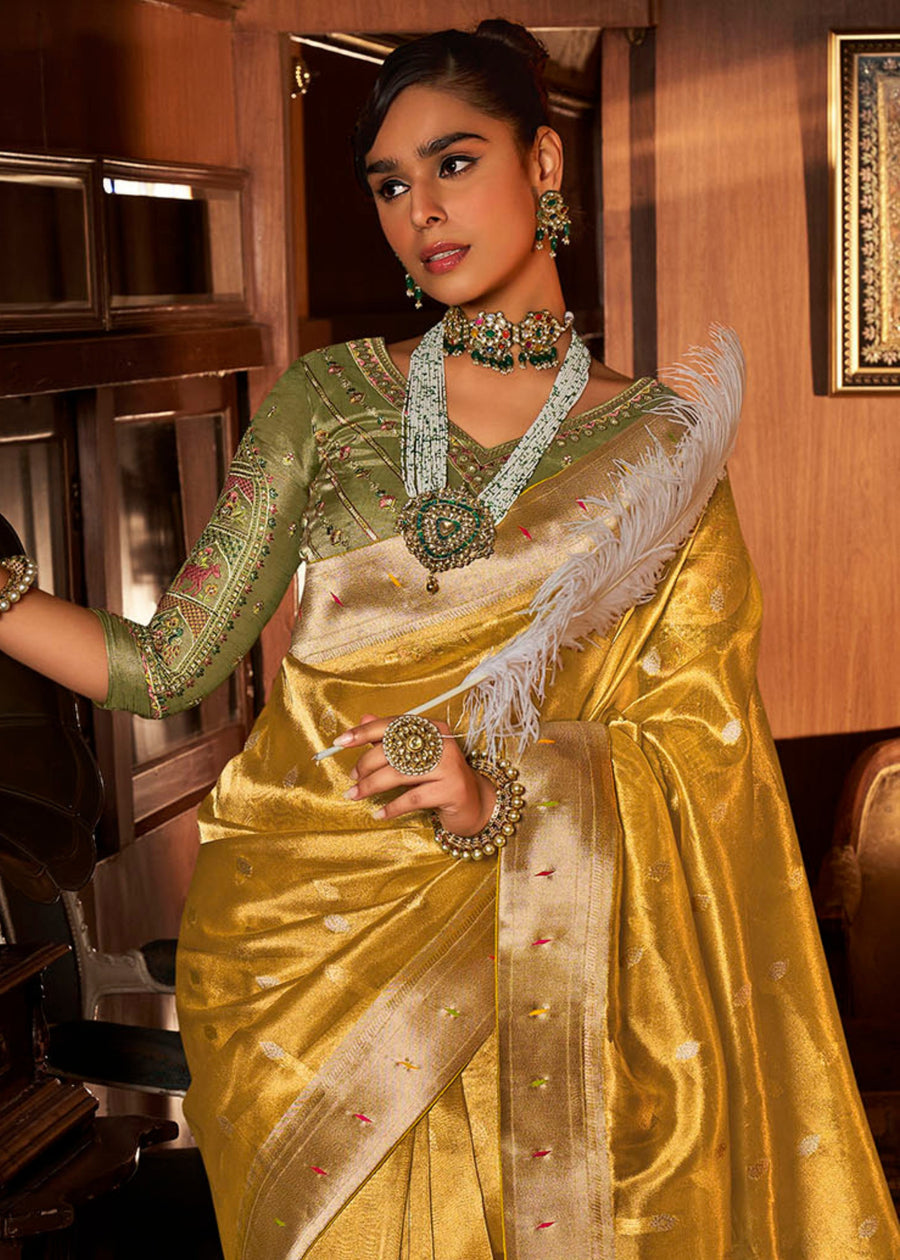 Paithani Tissue Silk Yellow Handloom Saree & Contrast Green Embroidered Blouse