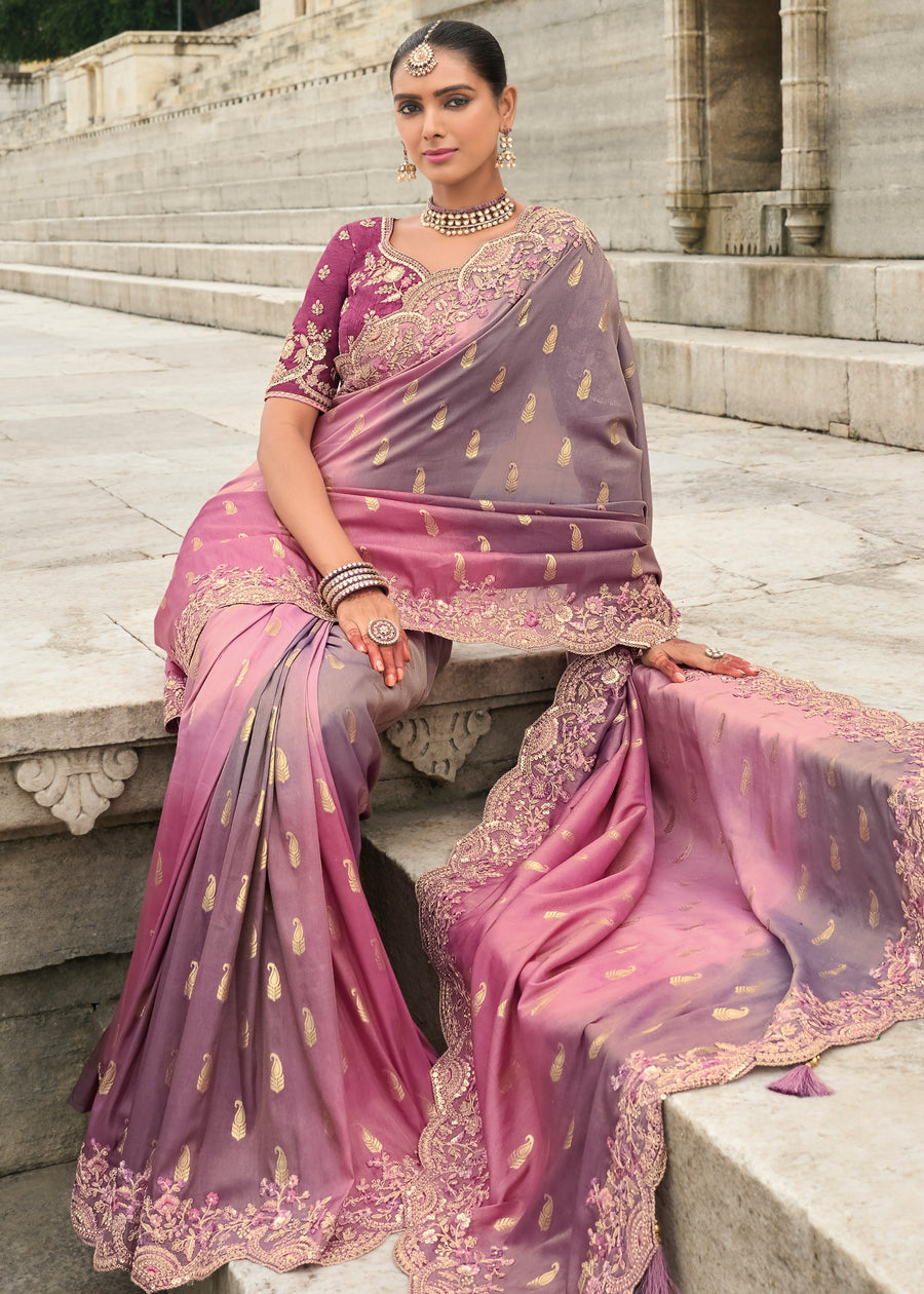 Banarasi Viscose Tissue Silk Pink & Muave Ombre Handloom Embroidered Saree With Cut Work Border
