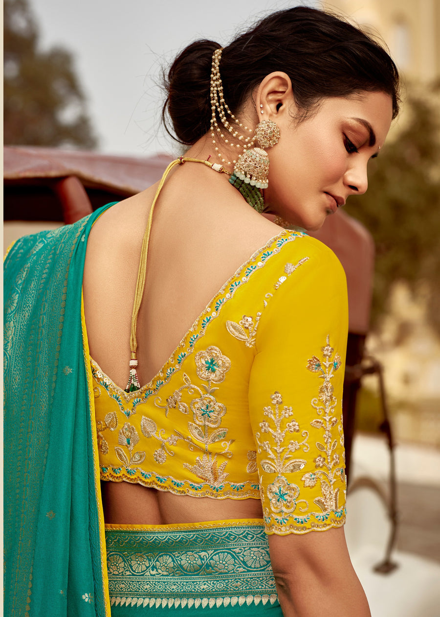 Dola Banarasi Silk Jade Green Saree With Contrast Yellow Embroidered Blouse