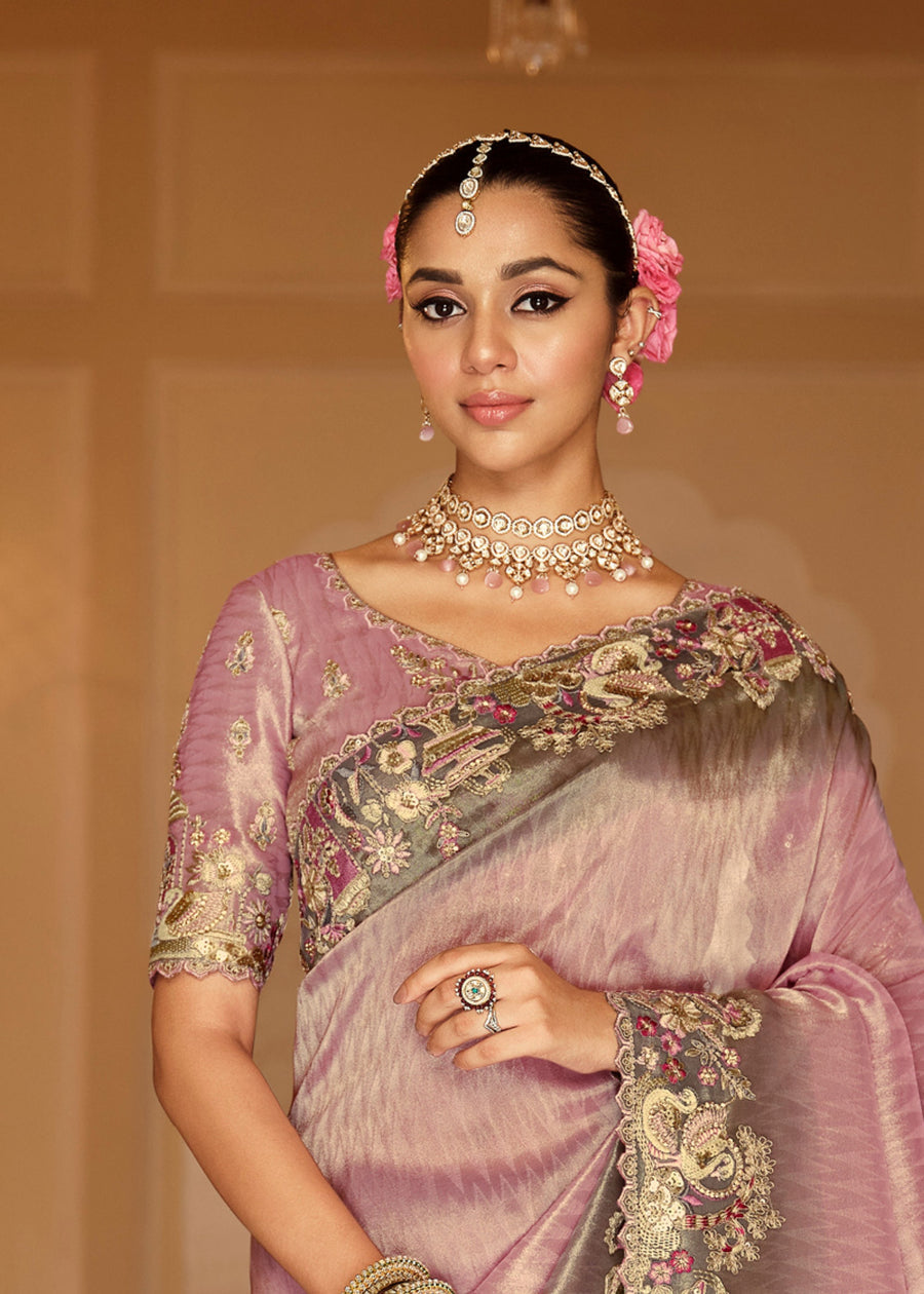 Pastel Pink Soft Banarasi Silk Embroidered Saree