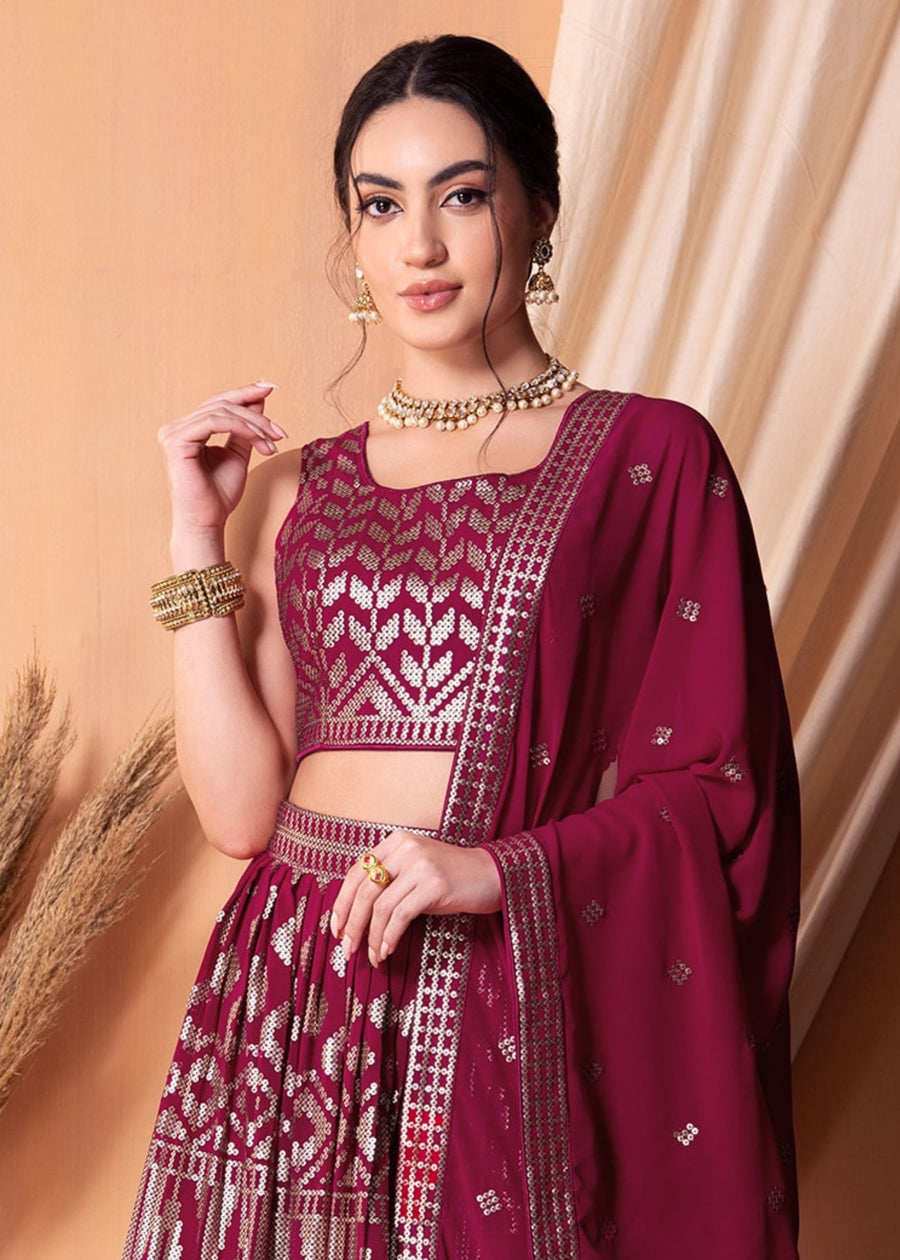 Ruby Red Sequins Work Georgette Bridesmaids Lehenga Choli