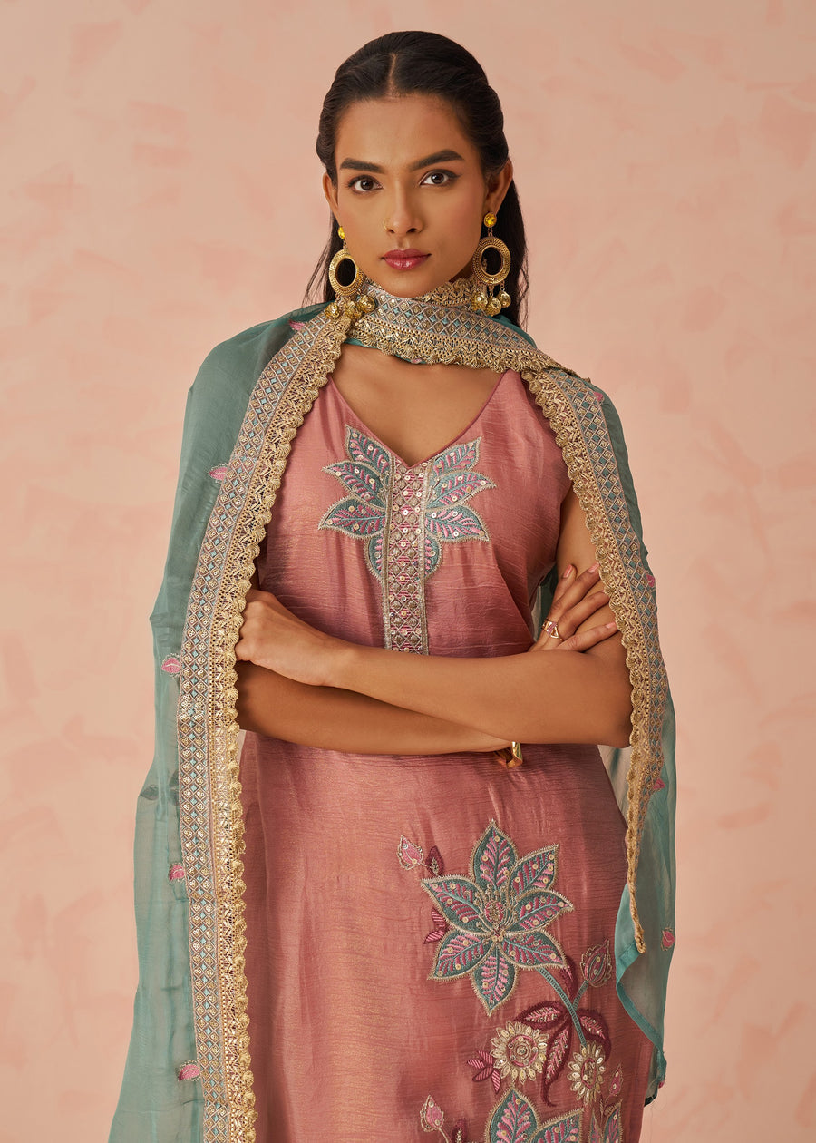Peach Readymade Crushed Silk Pant Style Suit Set